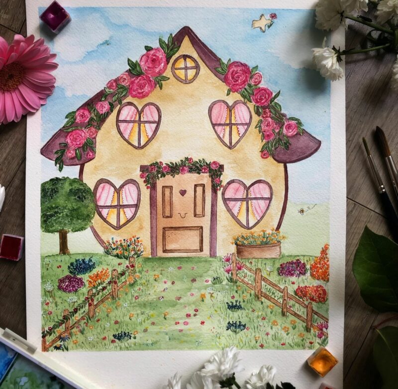 Le cottage des cœurs - Carte, affiche aquarelle