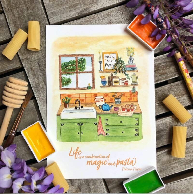 La cuisine cosy au printemps - Carte, affiche aquarelle