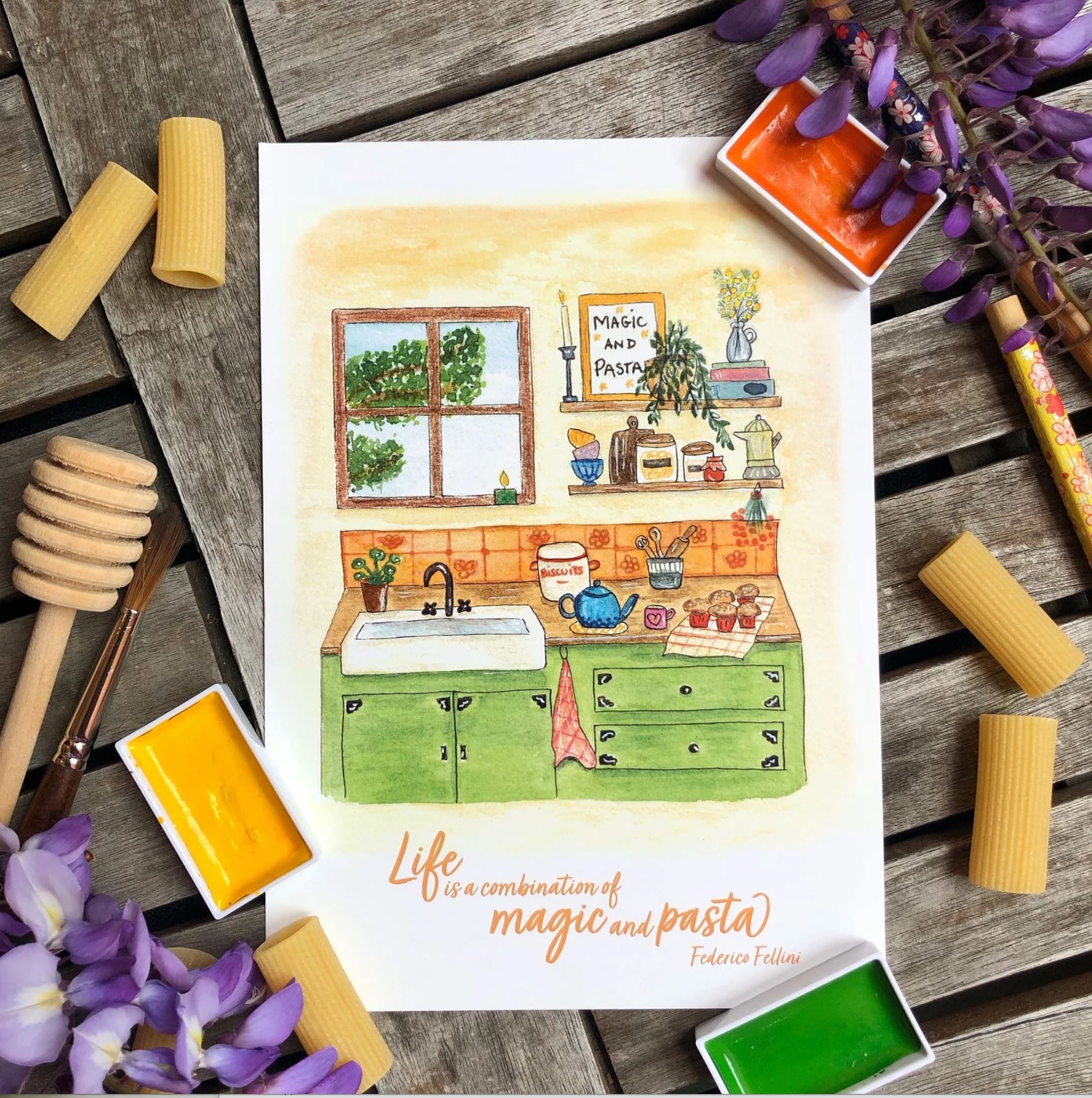 La cuisine cosy au printemps - Carte, affiche aquarelle