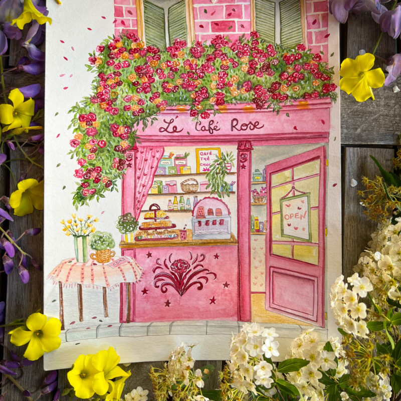 Le café rose - carte et affiche de printemps
