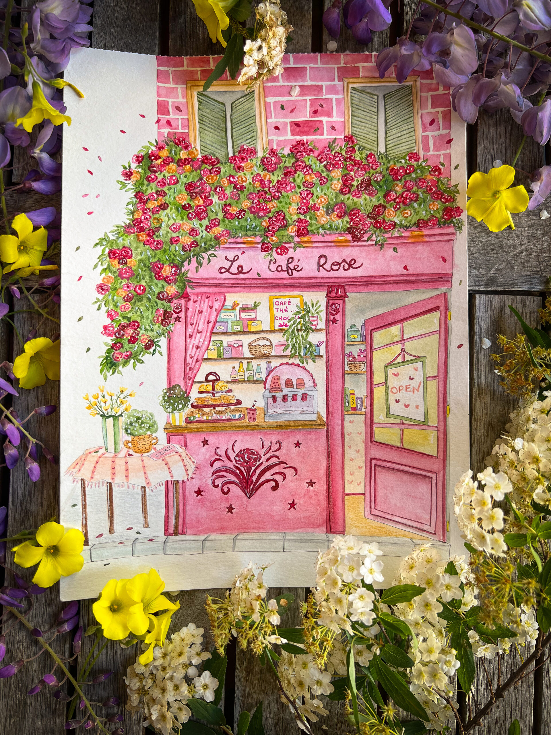Le café rose - carte et affiche de printemps